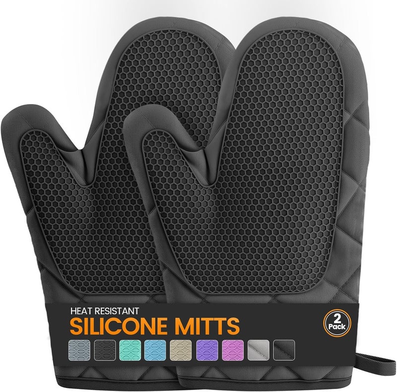 HSEEC Silicone Oven Mitts, Heat Resistant 2PCS Oven Mitts with Soft Cotton Lining, Waterproof Non-Slip Grip Oven Glove, Kitchen Potholder Mits for BBQ, Baking, Cooking, 10.5Inch - Dark Black - Image 1